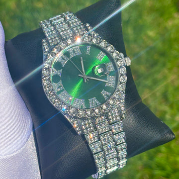 42mm Iced Out White Gold Prezzy Watch Green Dial
