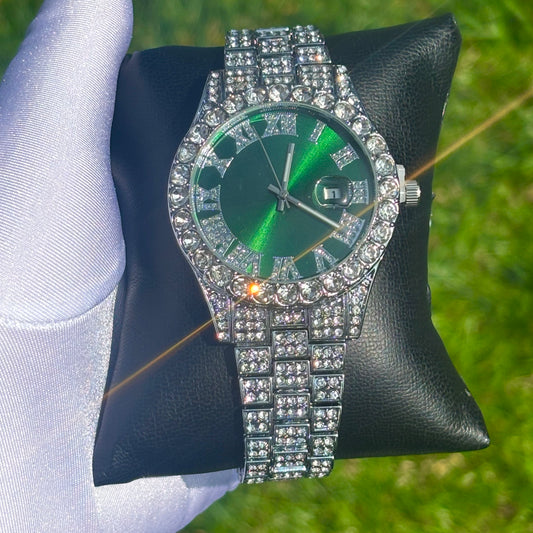 42mm Iced Out White Gold Prezzy Watch Green Dial