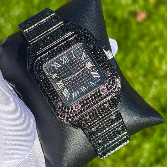 40mm Roman Numeral Iced Out Black Square Dial Watch