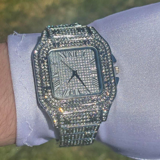 40mm Roman Numeral Iced Out White Gold Square Dial Watch