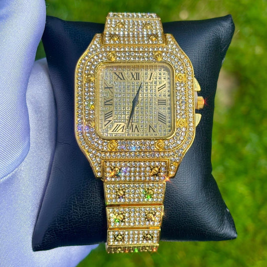 40mm Roman Numeral Iced Out Gold Square Dial Watch