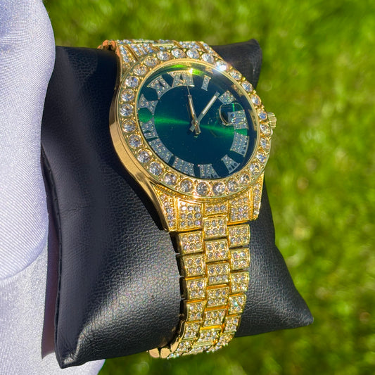 42mm Iced Out Gold Prezzy Watch Green Dial