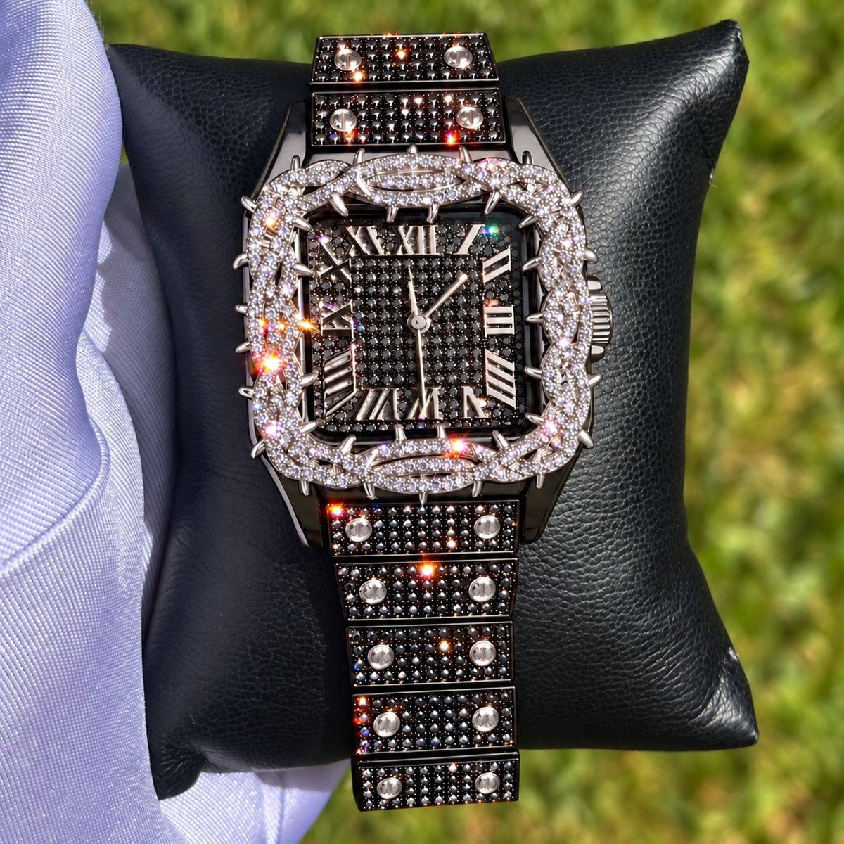 41mm Iced Out Square Thorn Watch Black/White Gold — view 2