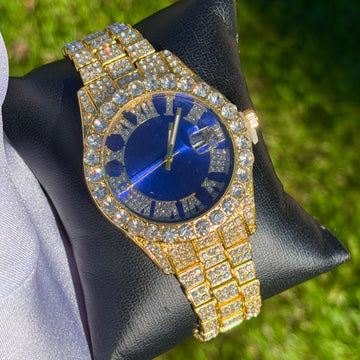 42mm Iced Out Gold Prezzy Watch Blue Dial