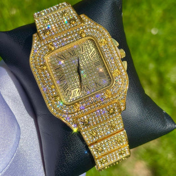 40mm Roman Numeral Iced Out Gold Square Dial Watch