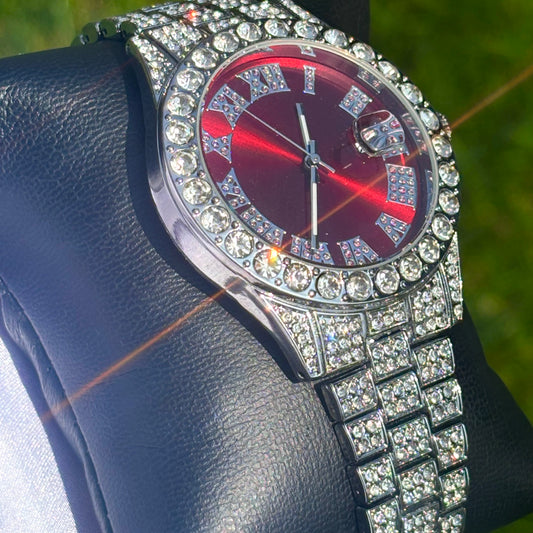 42mm Iced Out White Gold Prezzy Watch Red Dial