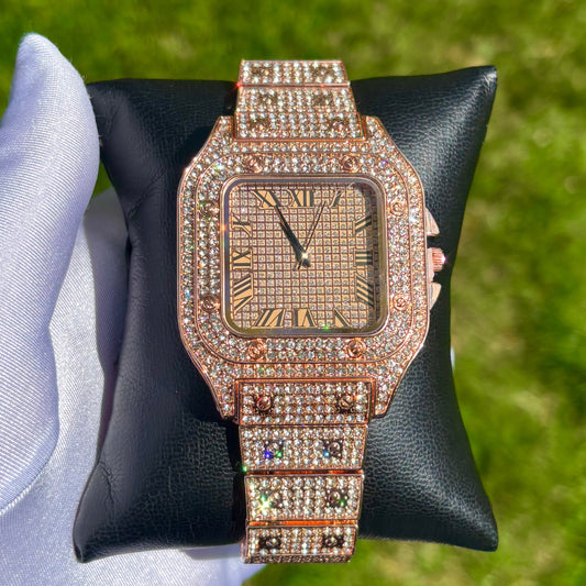 40mm Roman Numeral Iced Out Rose Gold Square Dial Watch