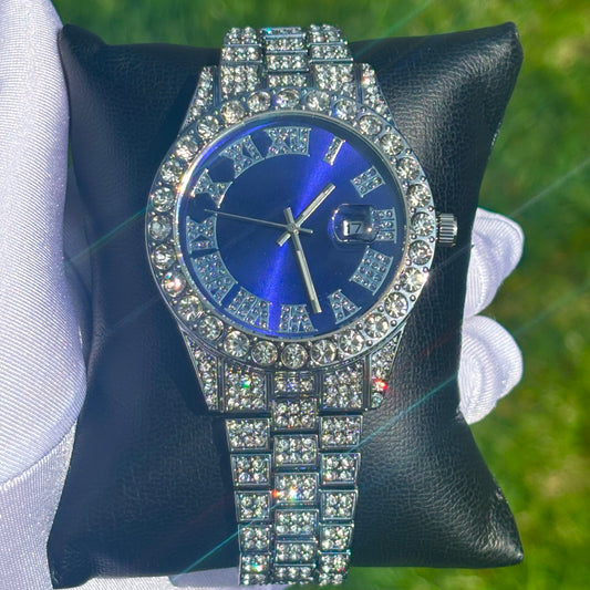 42mm Iced Out White Gold Prezzy Watch Blue Dial