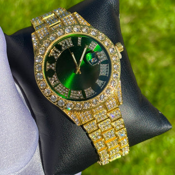 42mm Iced Out Gold Prezzy Watch Green Dial