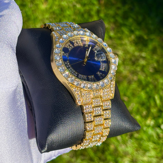 42mm Iced Out Gold Prezzy Watch Blue Dial