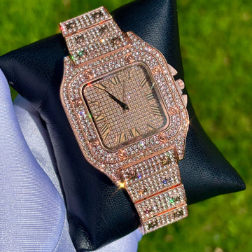 40mm Roman Numeral Iced Out Rose Gold Square Dial Watch