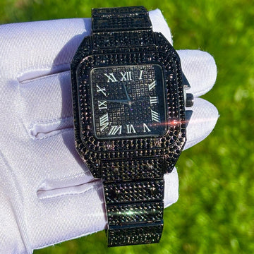 40mm Roman Numeral Iced Out Black Square Dial Watch