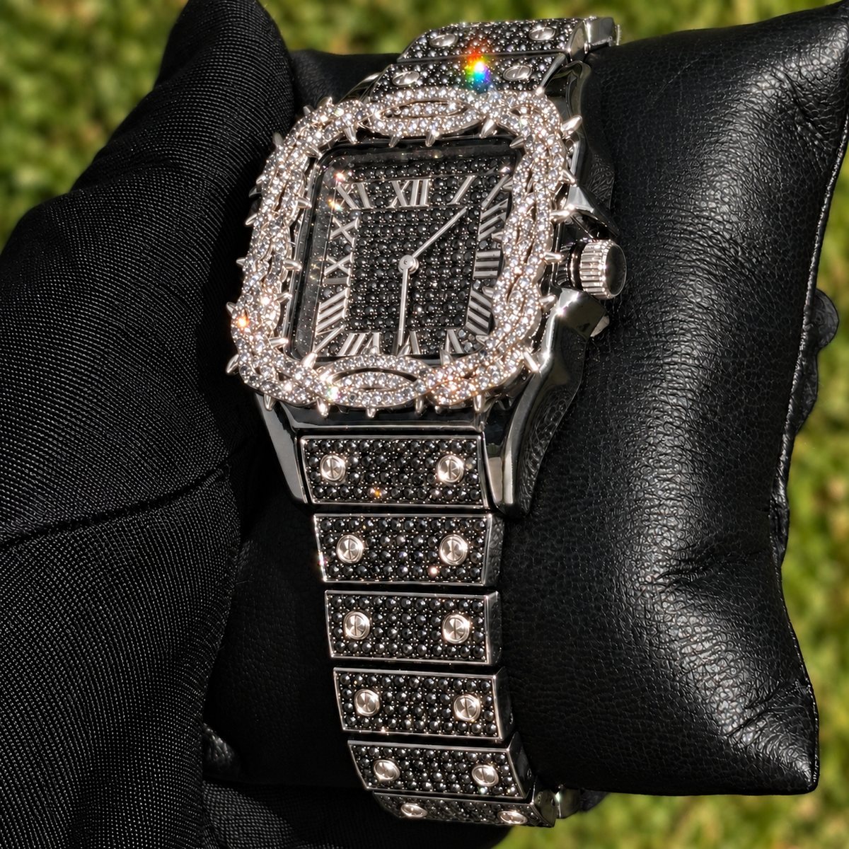 41mm Iced Out Square Thorn Watch Black/White Gold — view 3