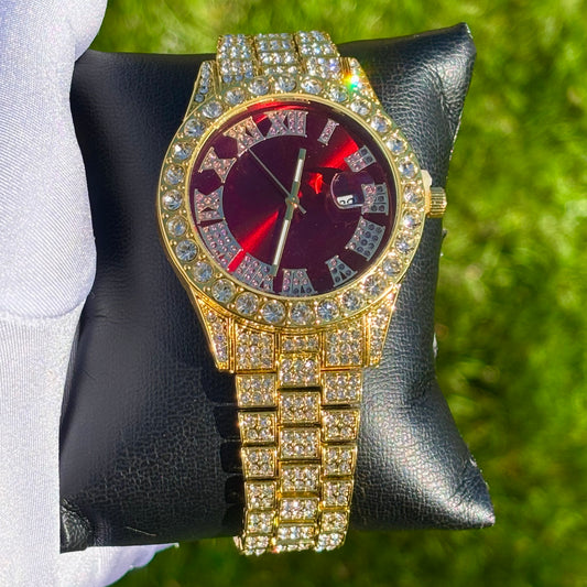 42mm Iced Out Gold Prezzy Watch Red Dial