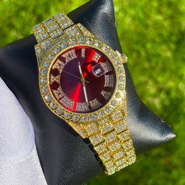 42mm Iced Out Gold Prezzy Watch Red Dial