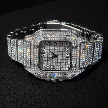 40mm Roman Numeral Iced Out White Gold Square Dial Watch