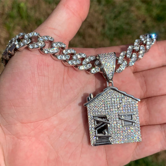 White Gold Trap House Pendant & Cuban Link Chain Bundle