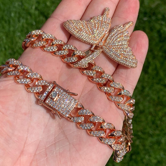 Rose Gold Butterfly Pendant & Cuban Link Chain Bundle