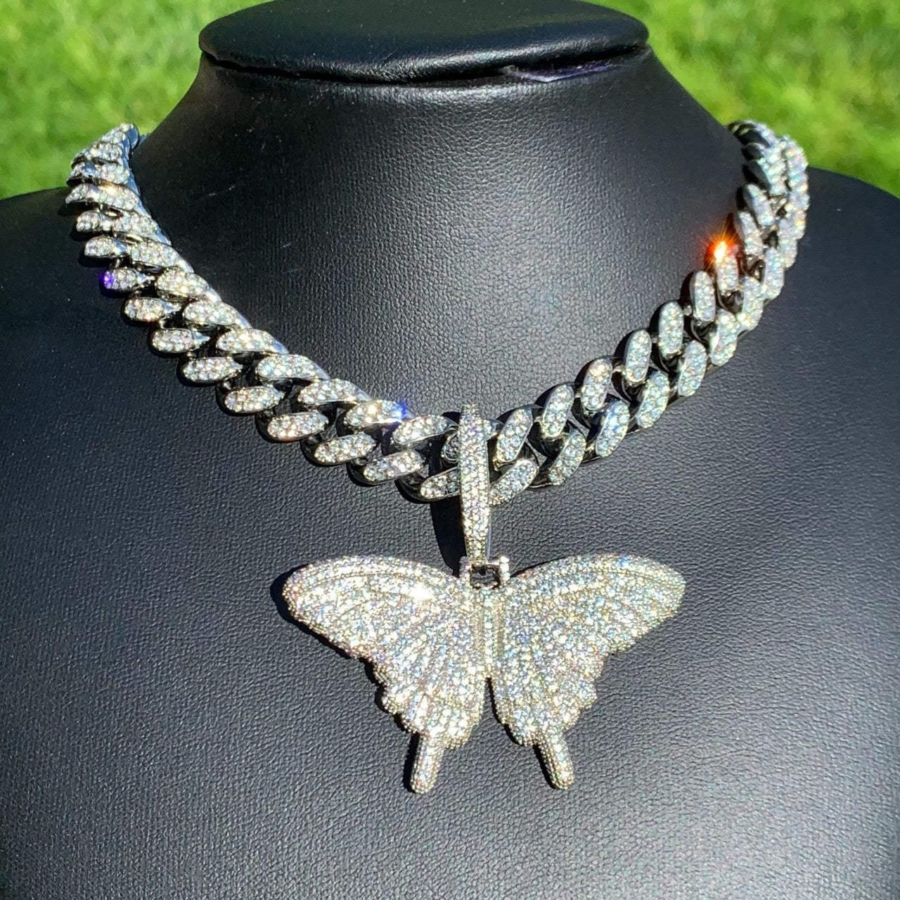 White Gold Butterfly Pendant & Cuban Link Chain Bundle