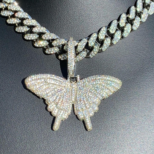 White Gold Butterfly Pendant & Cuban Link Chain Bundle